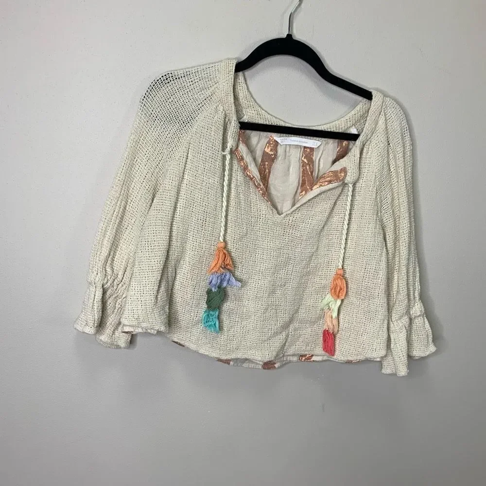 ZARA TRAFALUC COLLECTION BOHO COTTON MESH TASSEL CROCHET BLOUSE TOP SIZE SMALL (